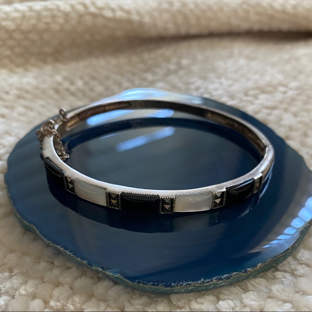 Black Onyx,Mother Of Pearl Sterling Silver Bangle